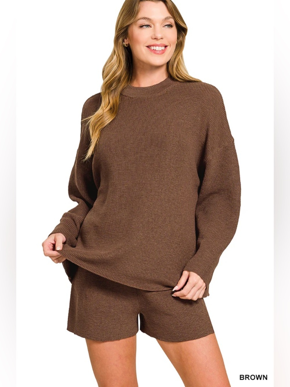 NEW Zenana Round Neck Knit Top and Shorts Sweater Set - Brown